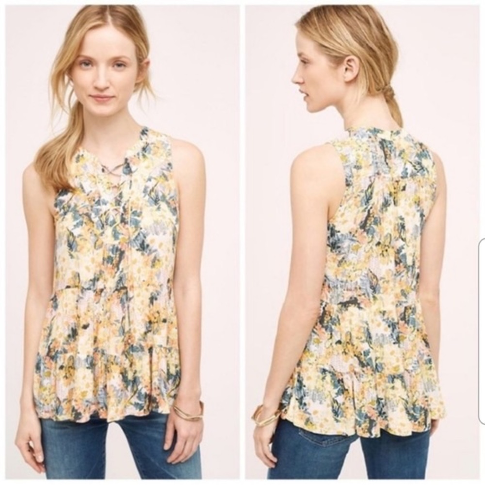 Floreat Anthropologie Tie Front Sleeveless Daisy Floral Blouse